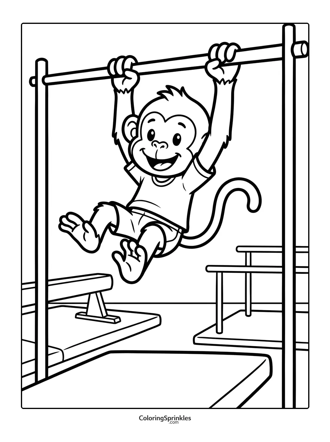 Coloring page of a monkey hanging on gymnastics bars
