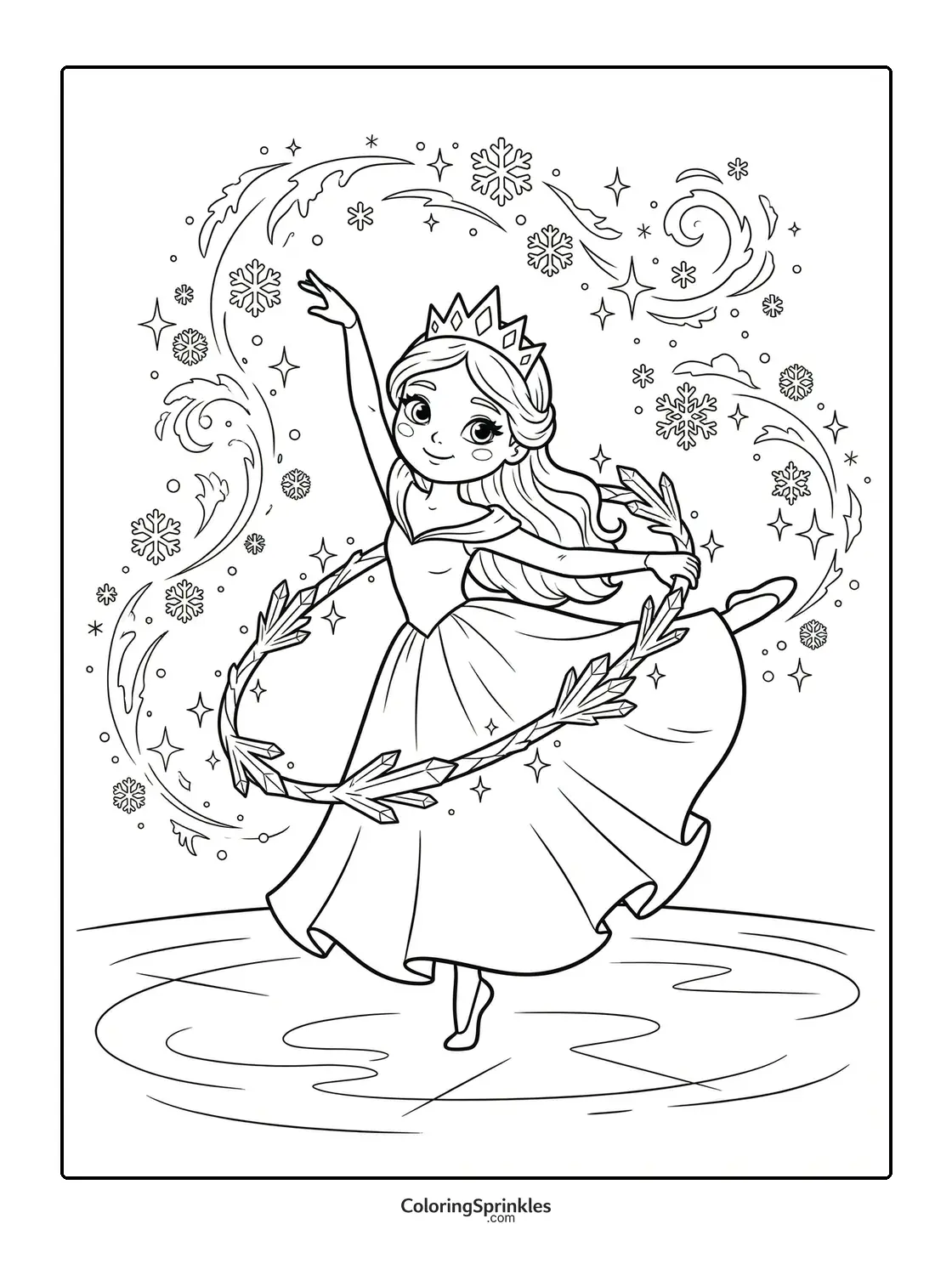 Coloring page of a princess ice skater with a wreath and snowflakes