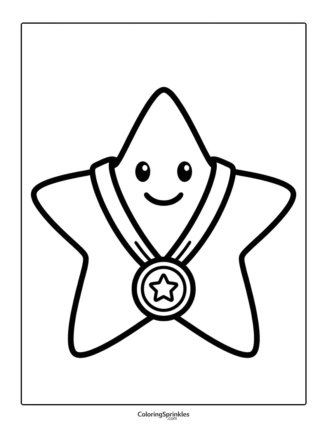 Coloring page of a smiling star character wearing a medal