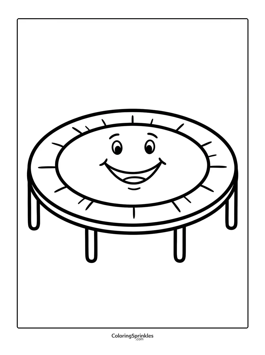 Coloring page of a trampoline with a smiling face