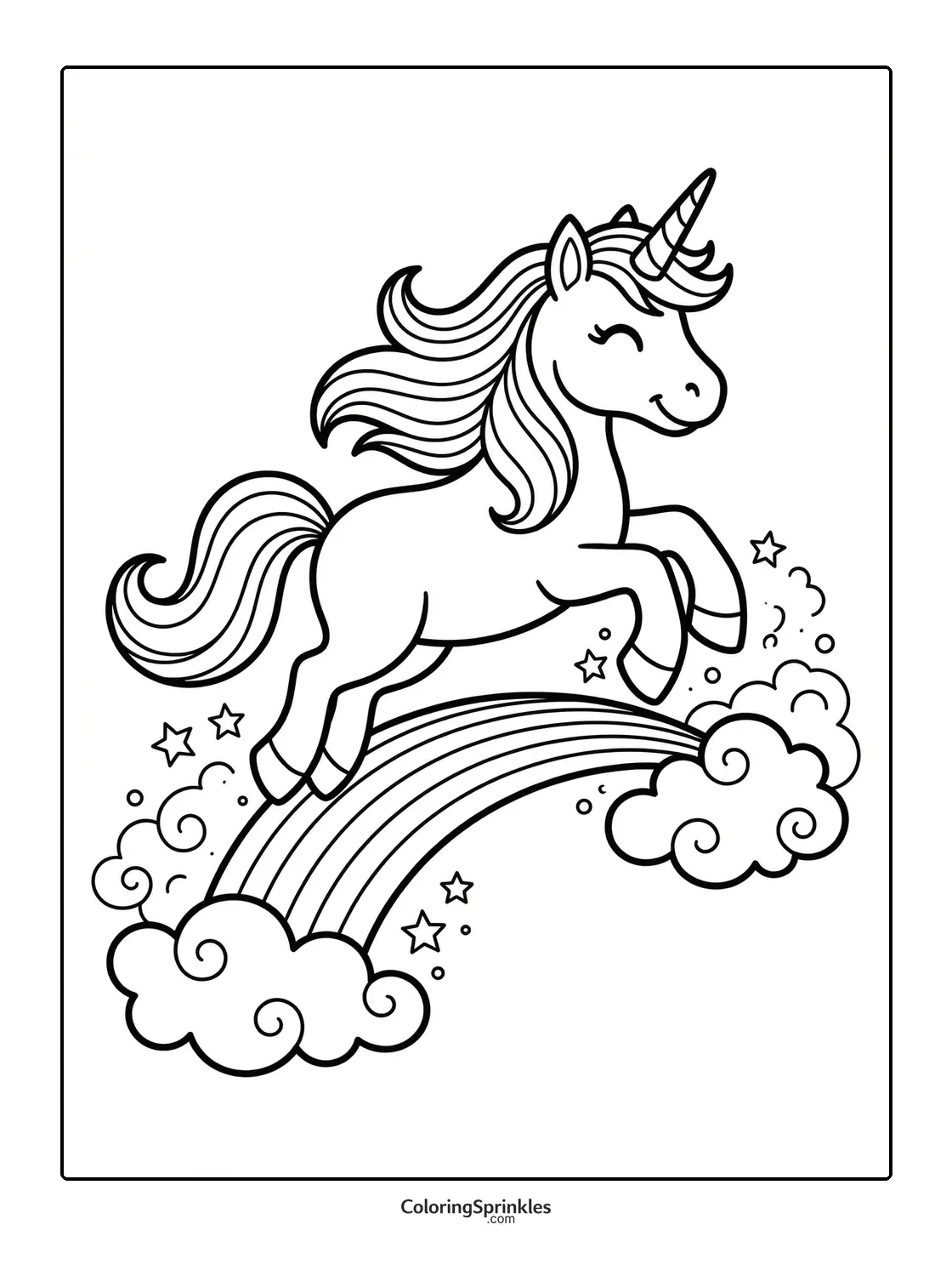 Coloring page of a unicorn jumping over a rainbow with clouds and stars
