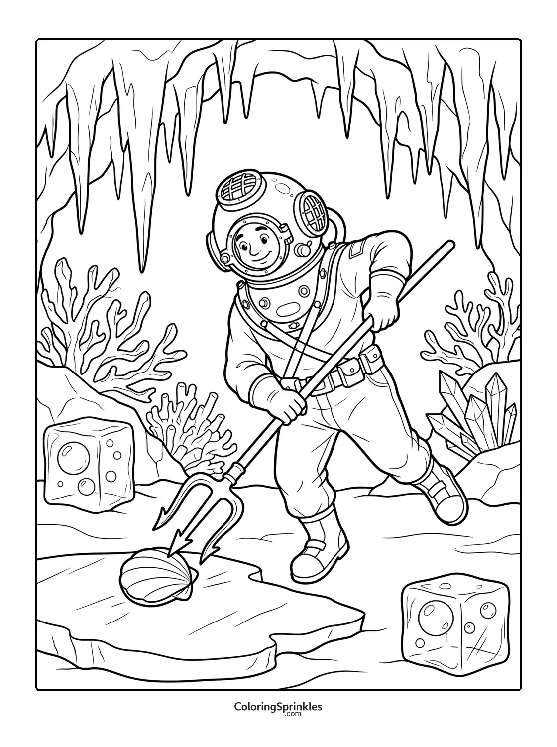 Coloring page of a diver with a trident picking up a shell underwater in a cave
