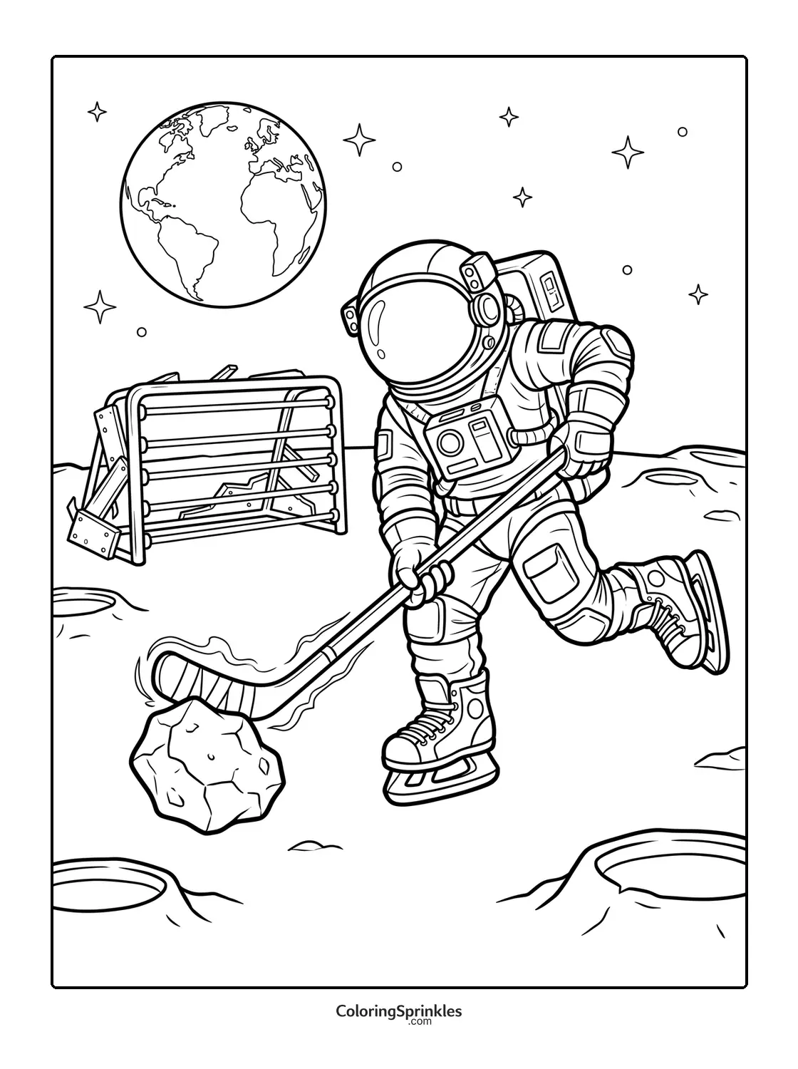 Coloring page of an astronaut playing ice hockey on the moon with Earth in the background