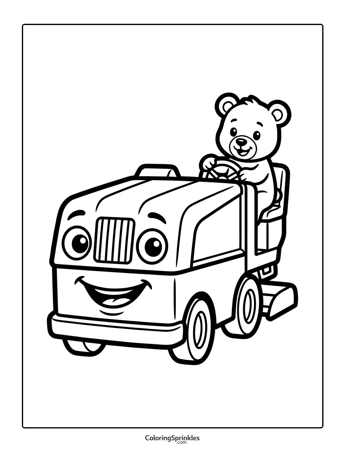 Coloring page of a bear riding an ice resurfacer machine