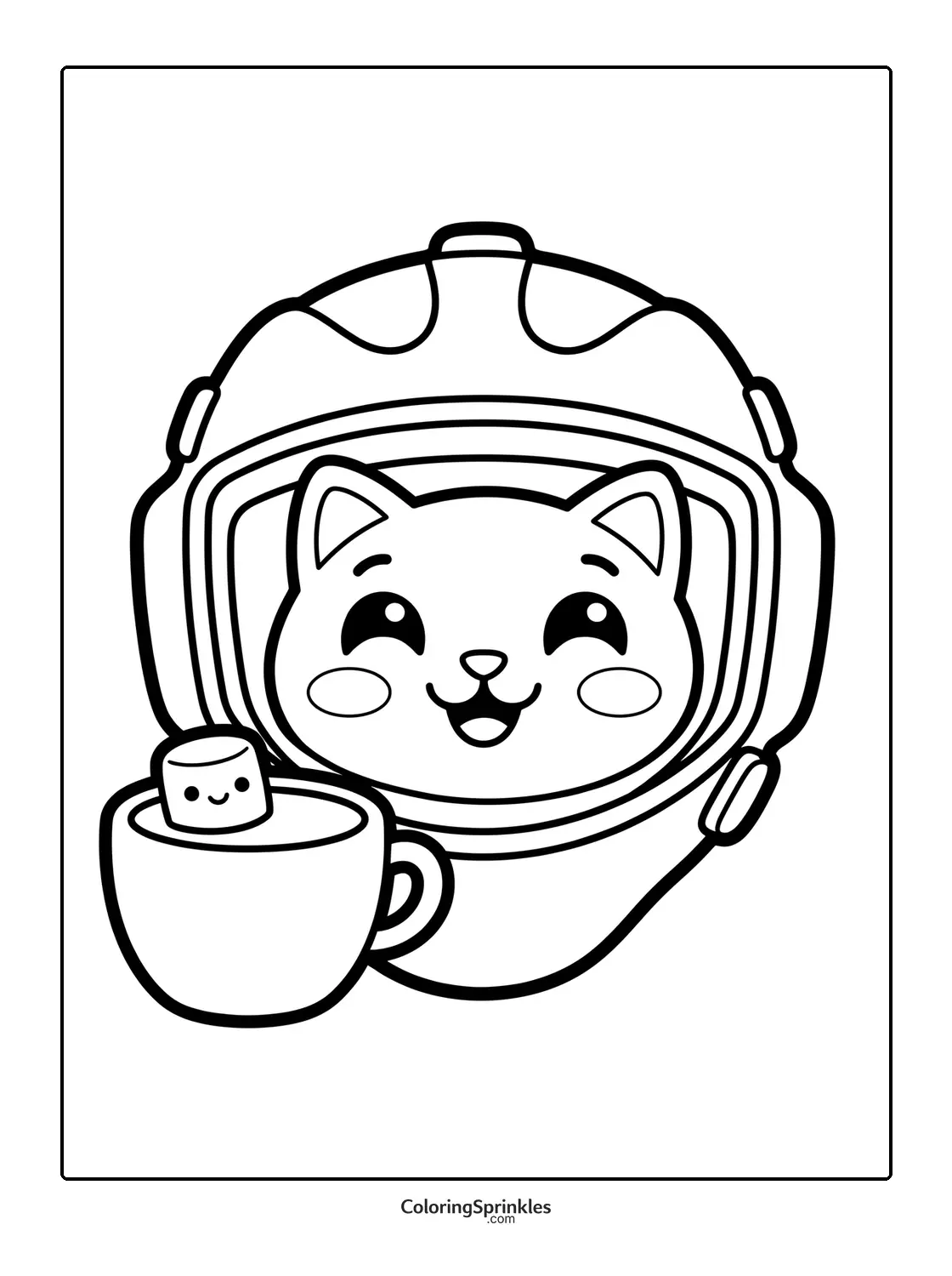 Coloring page of a cat wearing a helmet with a cup of hot chocolate and a marshmallow