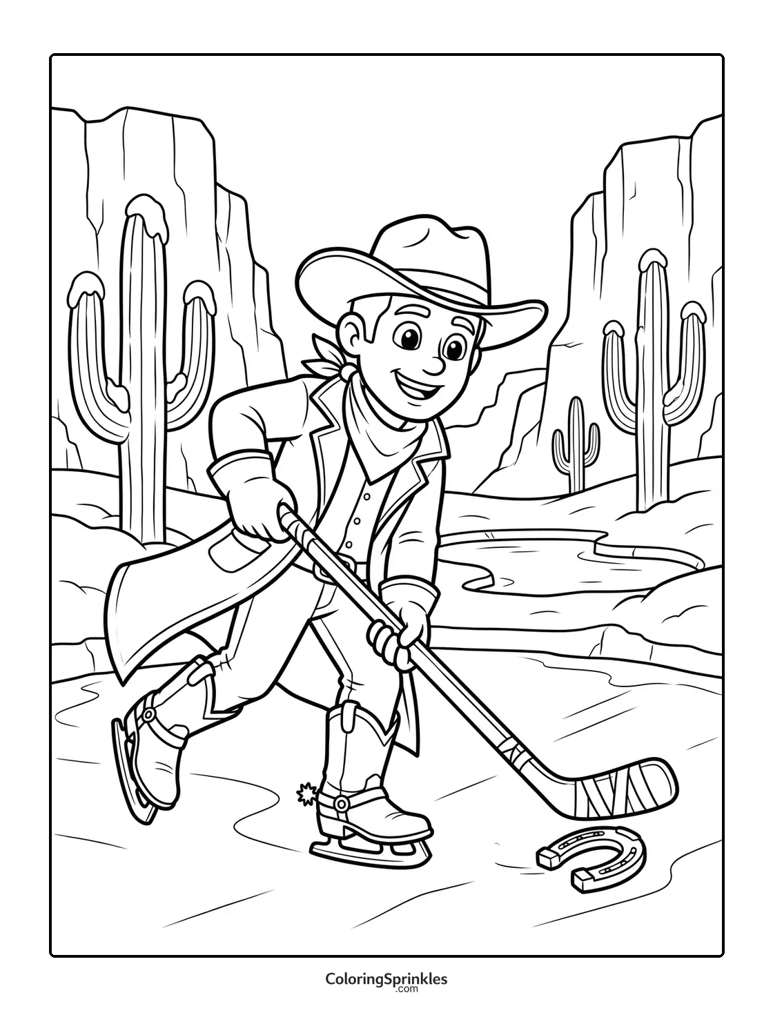 Coloring page of a cowboy ice hockey player skating in a desert with cactus