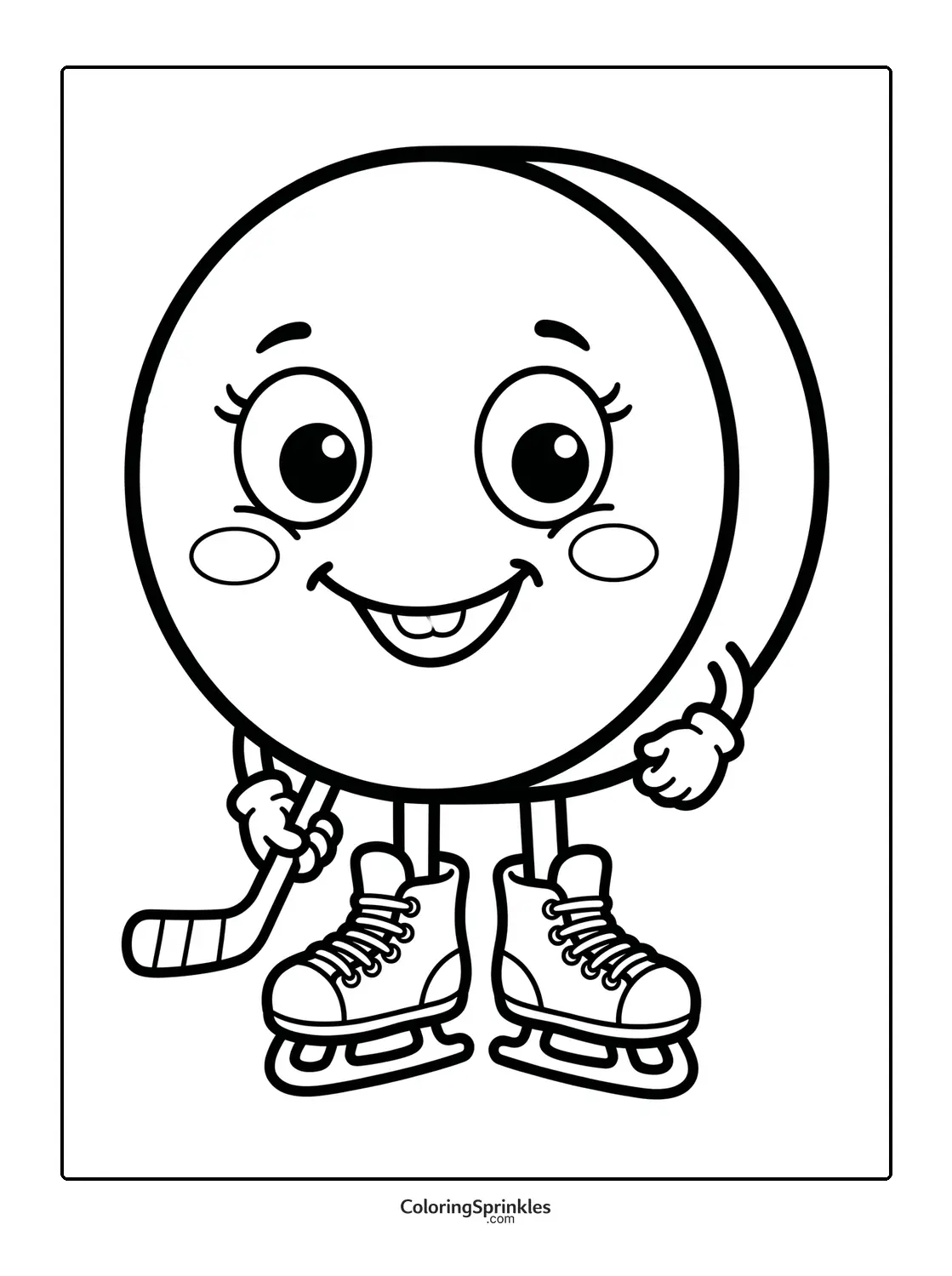 Coloring page of a cute hockey puck holding a stick and wearing skates