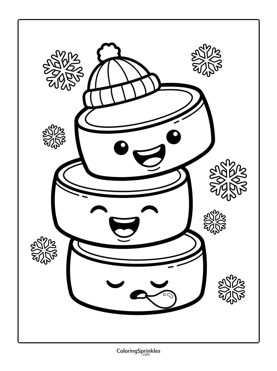 Coloring page of cute hockey pucks with faces and a winter hat surrounded by snowflakes