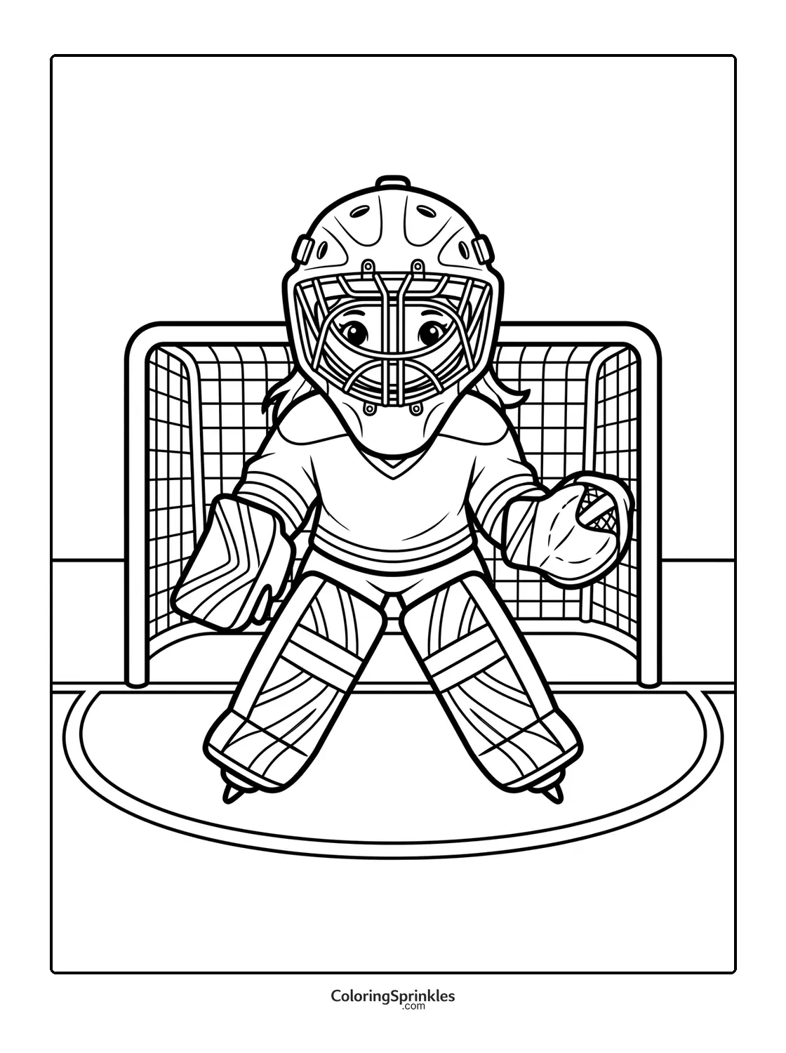 Coloring page of a girl ice hockey goalie in front of the net