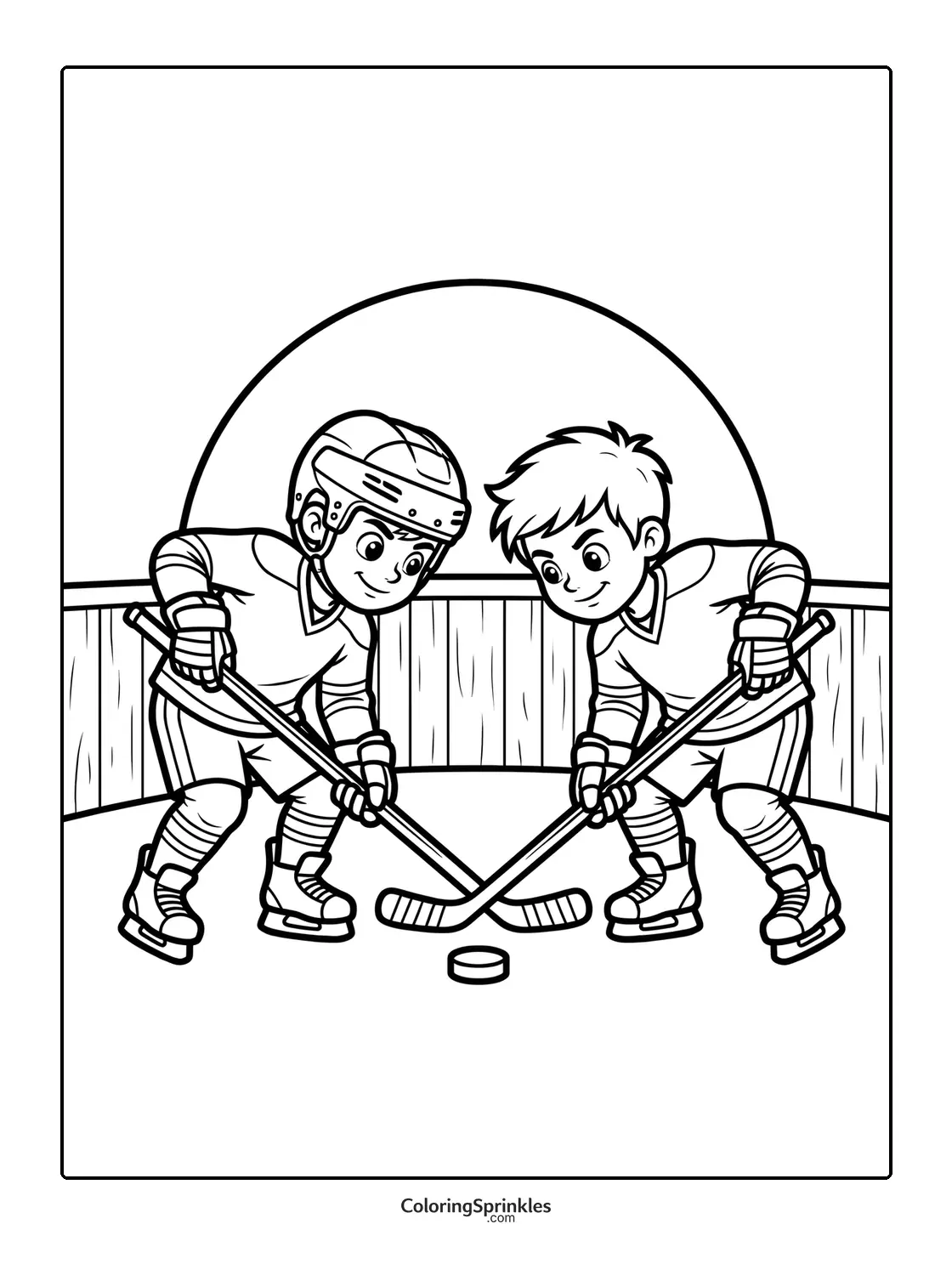 Coloring page of two kids playing ice hockey with a puck