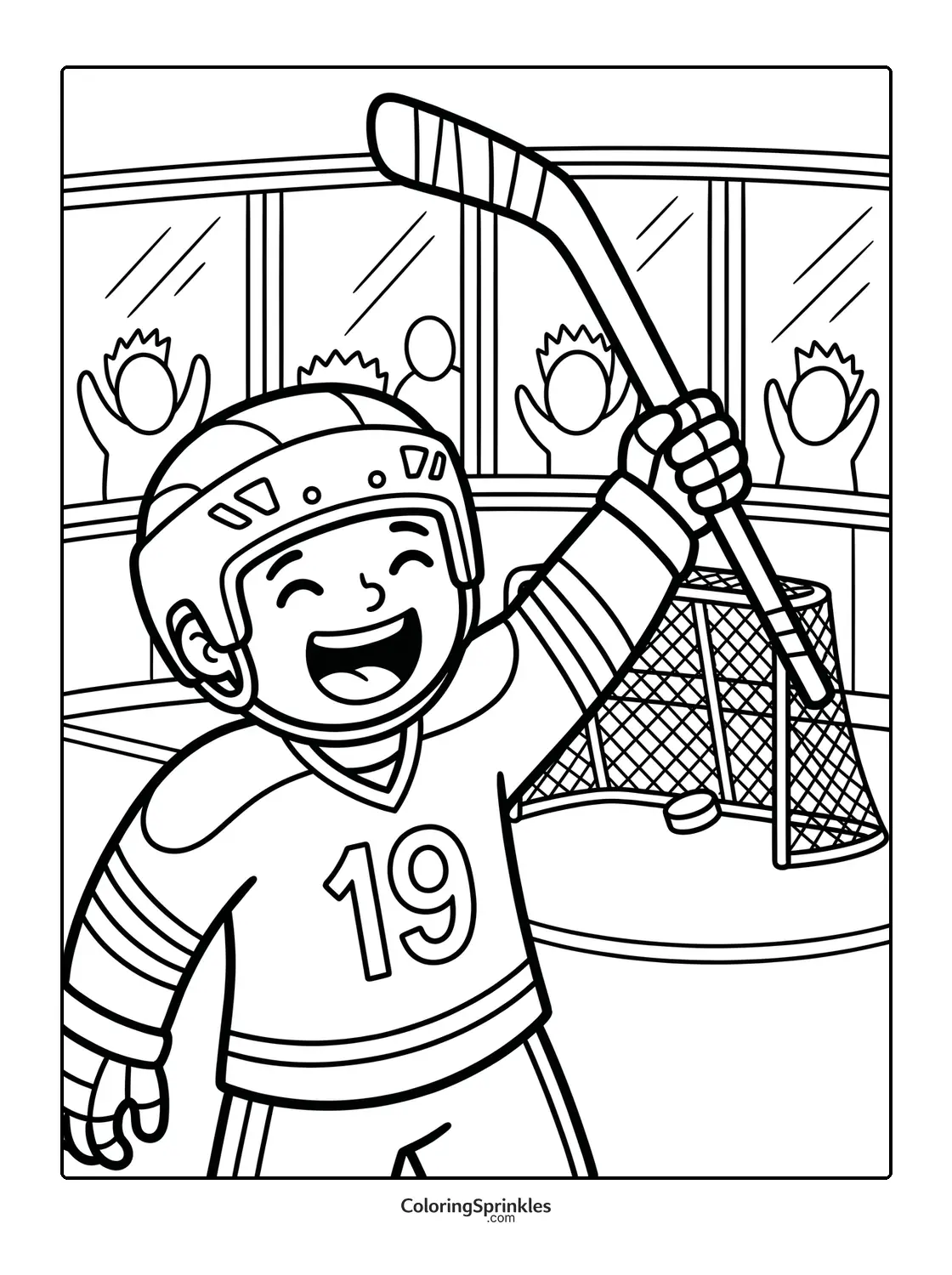 Coloring page of an ice hockey player celebrating a goal