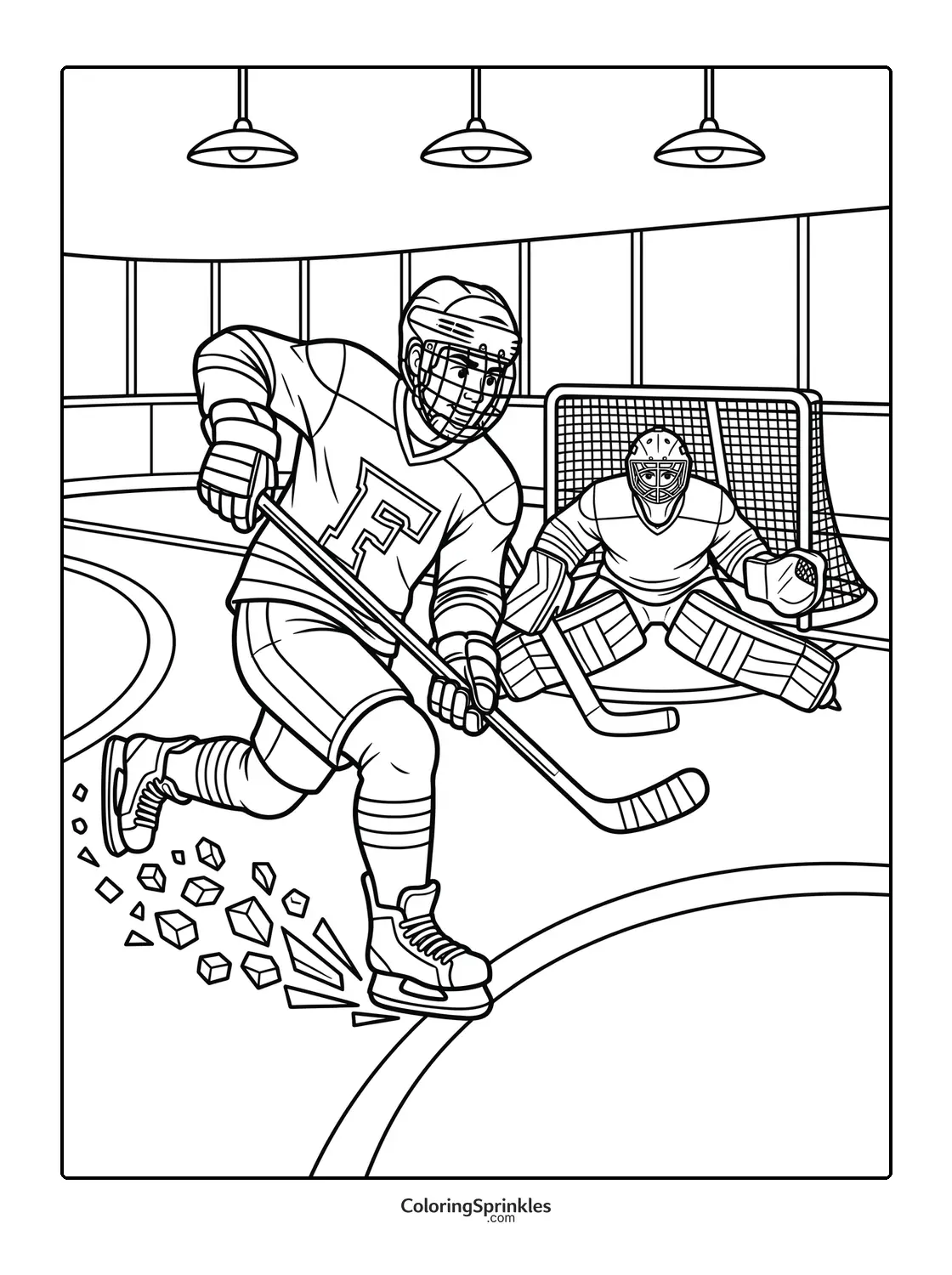 Coloring page of an ice hockey player skating past a goalie in an ice rink