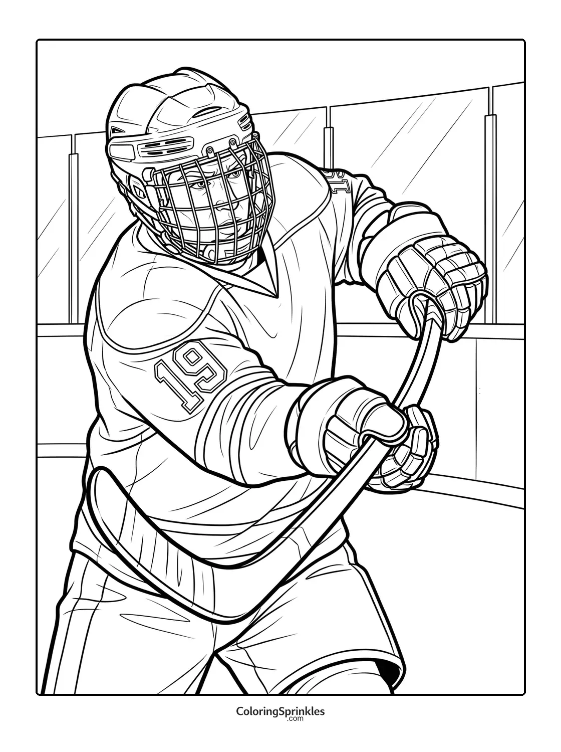 Coloring page of an ice hockey player holding a stick wearing a helmet