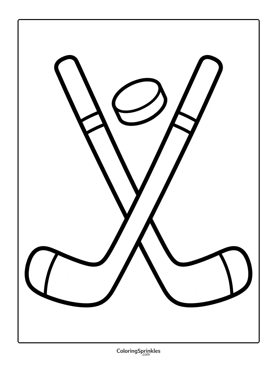 Coloring page of crossed ice hockey sticks with a puck