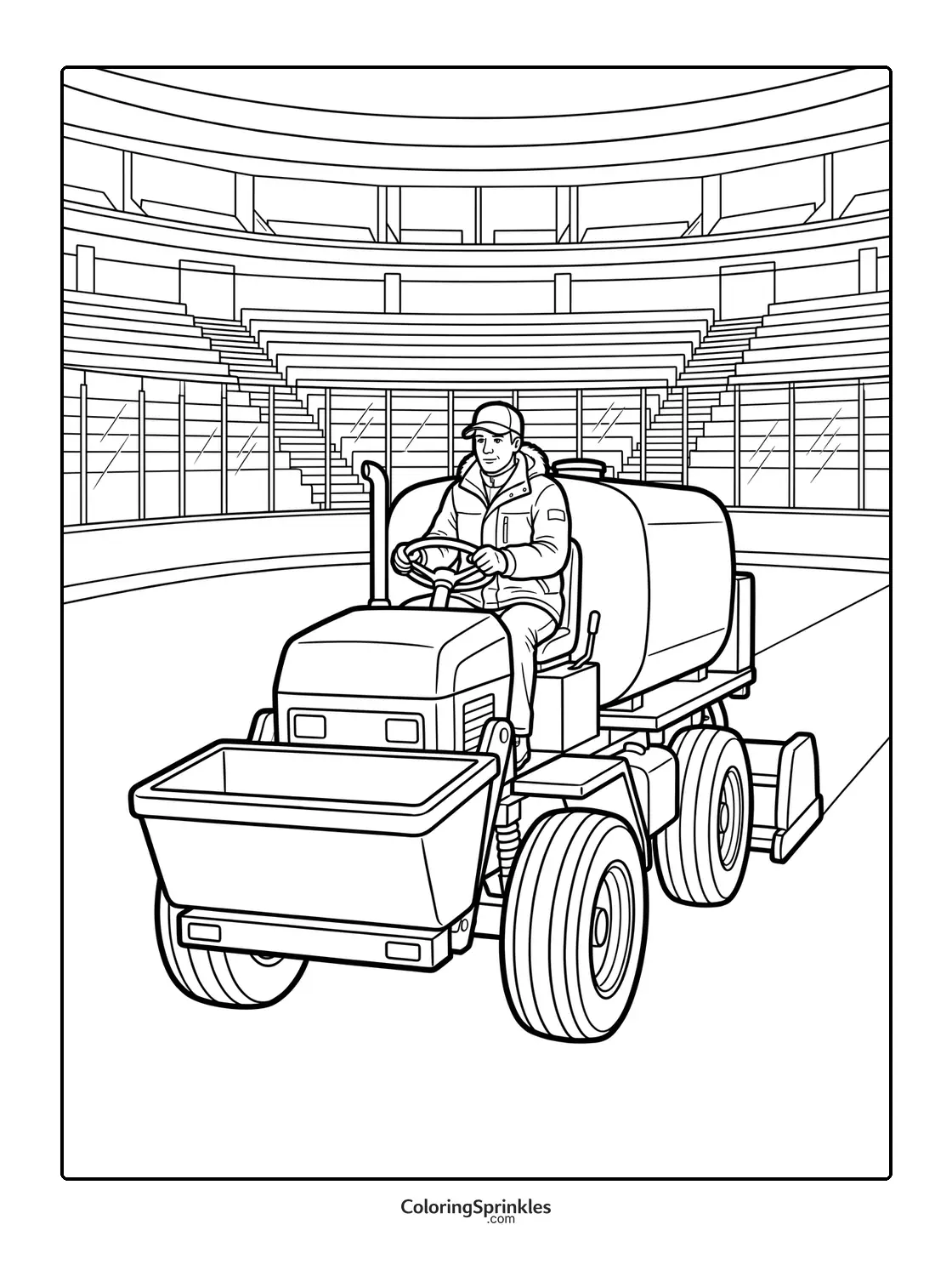 Coloring page of a Zamboni machine operator resurfacing an ice rink
