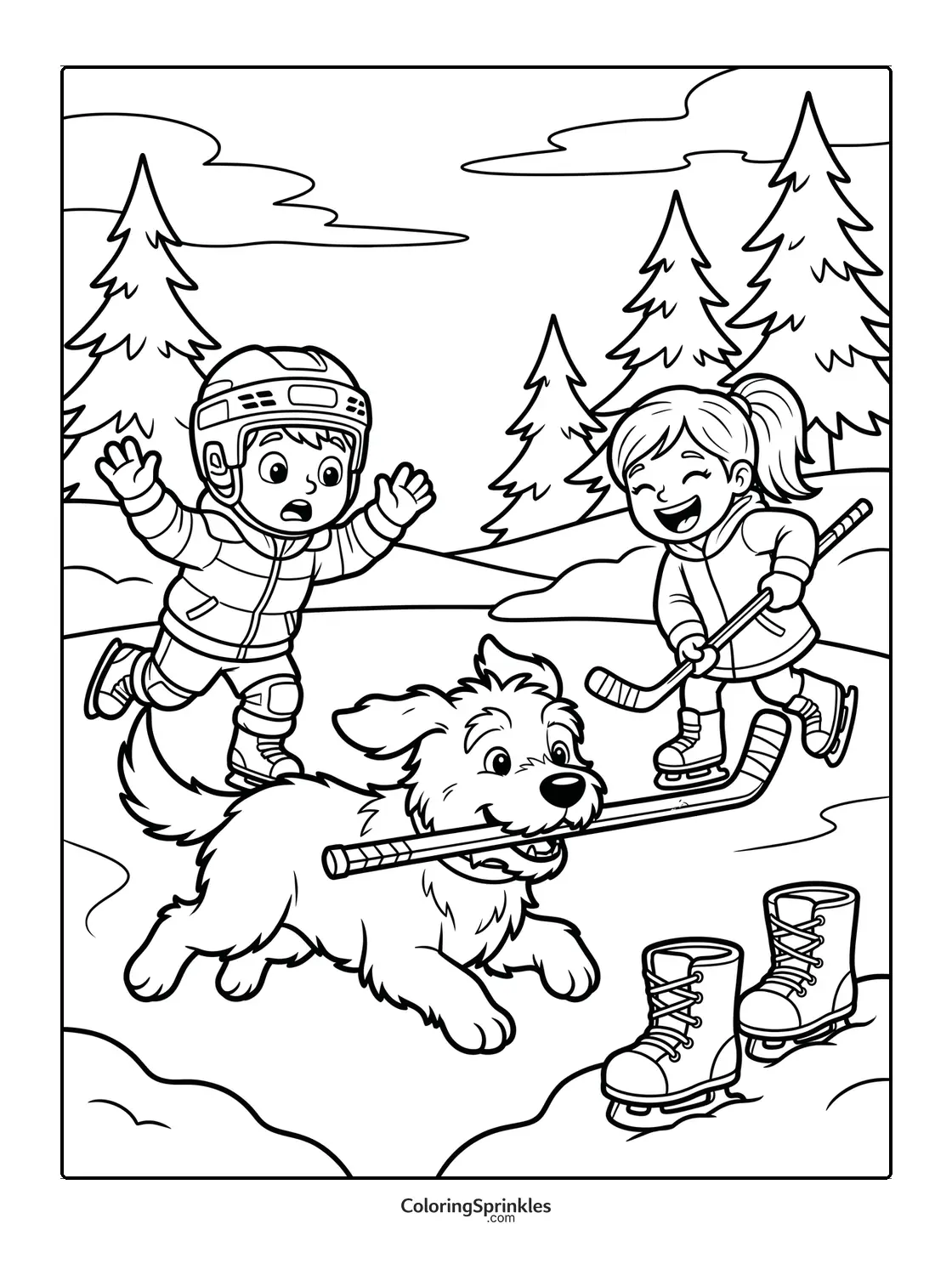 Coloring page of kids playing ice hockey with a dog in a winter forest