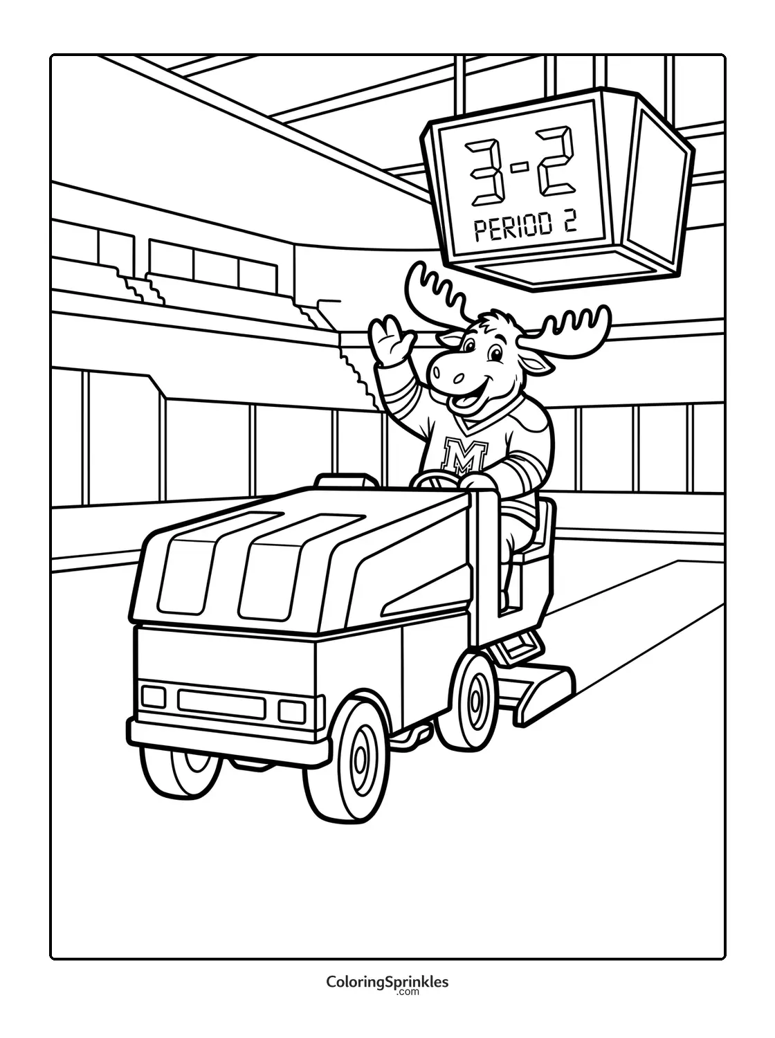 Coloring page of a moose mascot driving a Zamboni on an ice rink