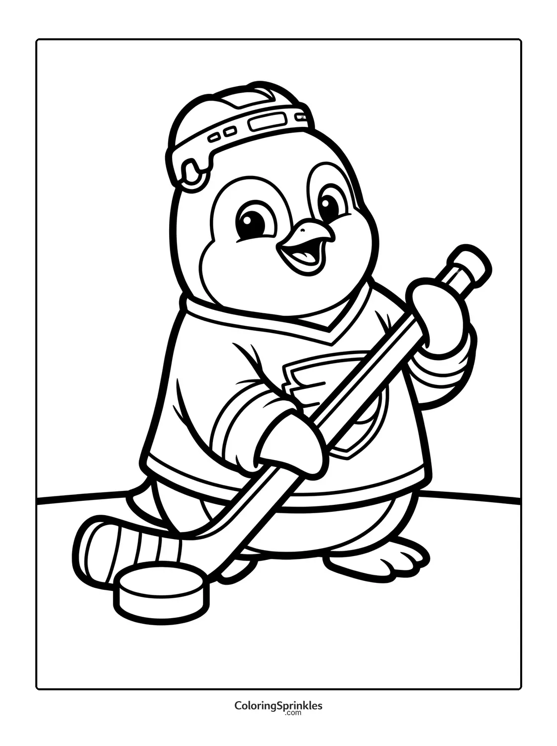 Coloring page of a penguin playing ice hockey with a stick and puck