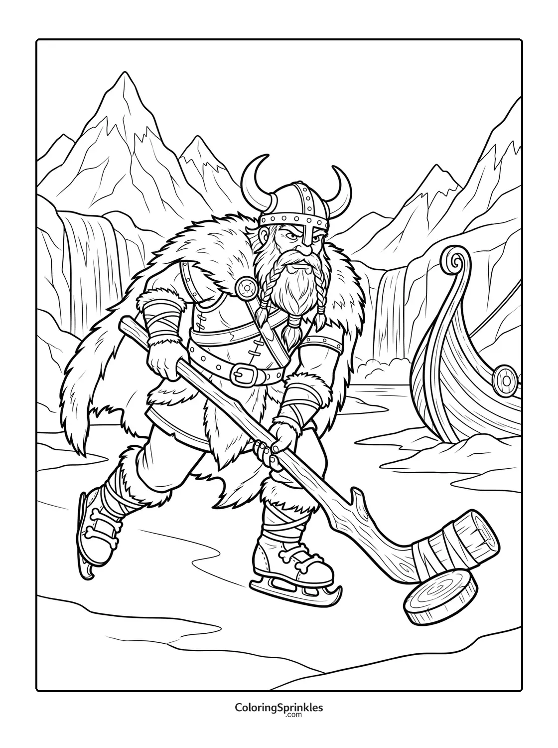 Coloring page of a Viking playing ice hockey on a frozen lake with a boat and mountains