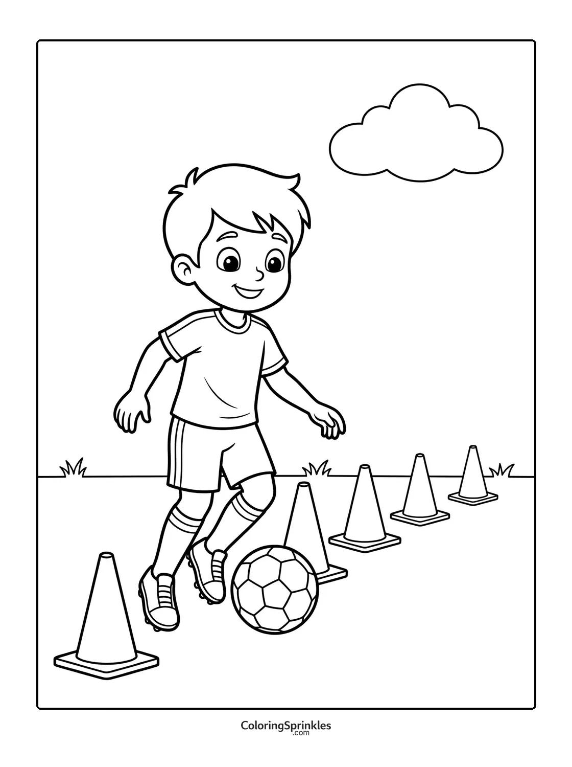 Coloring page of a boy dribbling a soccer ball through cones outdoors