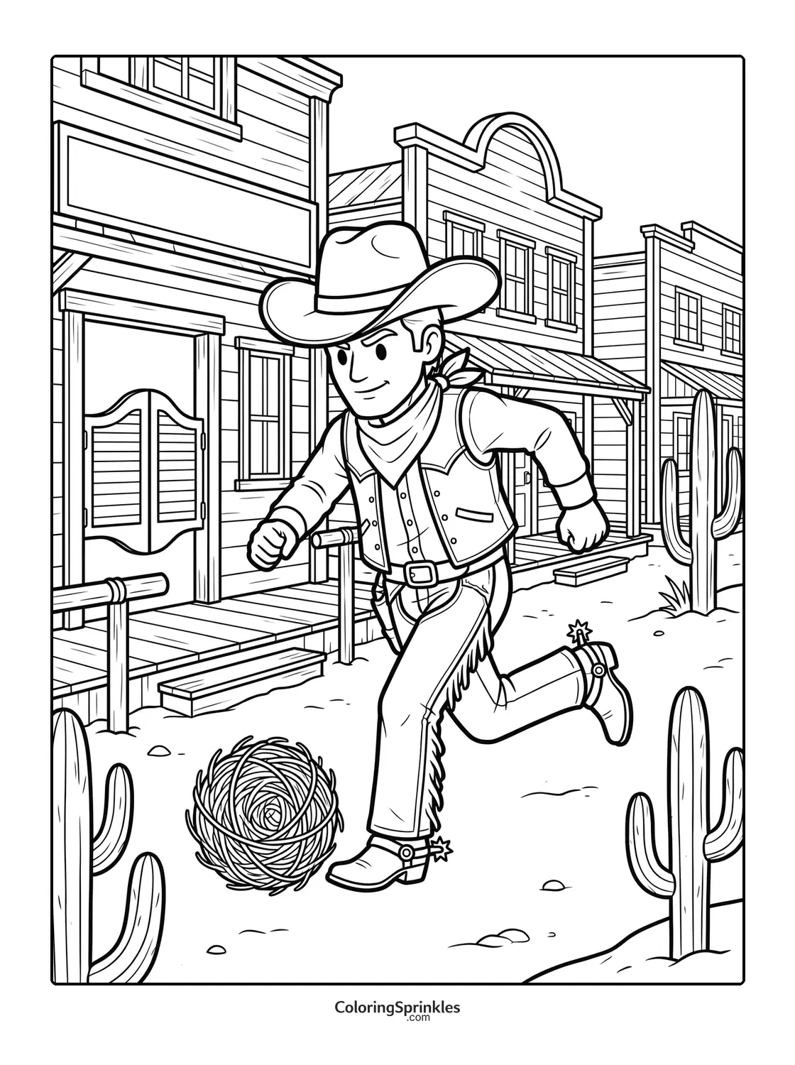 Coloring page of a cowboy playing soccer with a tumbleweed in a desert town