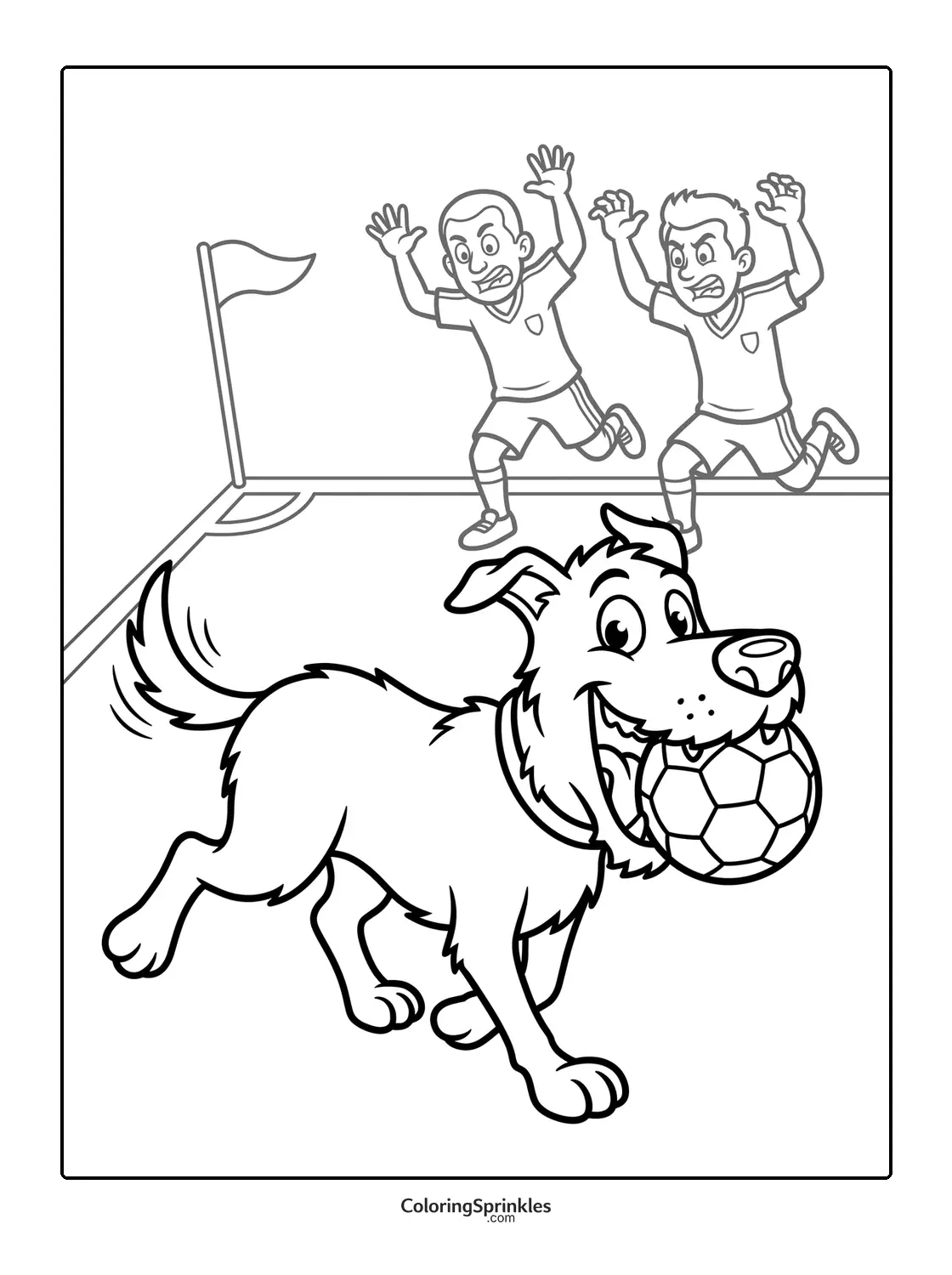 Coloring page of a dog running with a soccer ball near two players and a corner flag