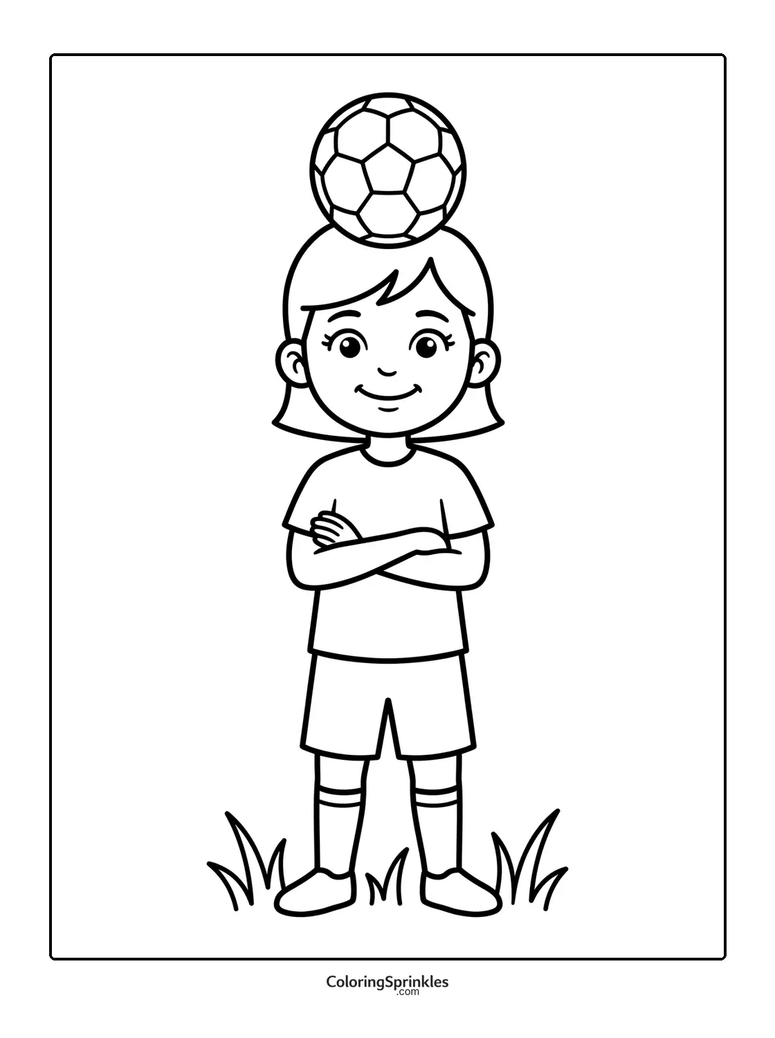 Coloring page of a girl balancing a soccer ball on her head standing on grass