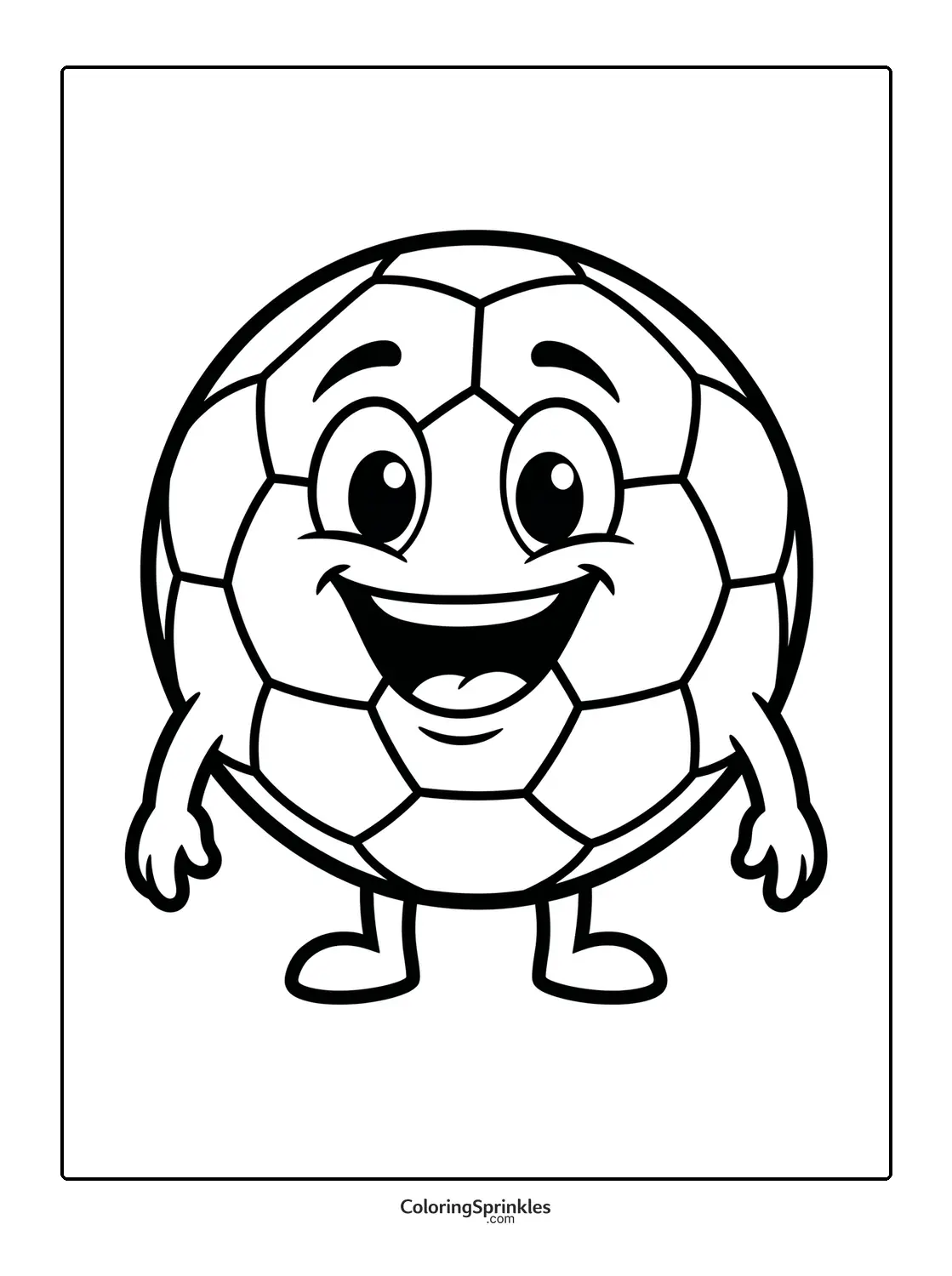 Coloring page of a soccer ball with a happy cartoon face