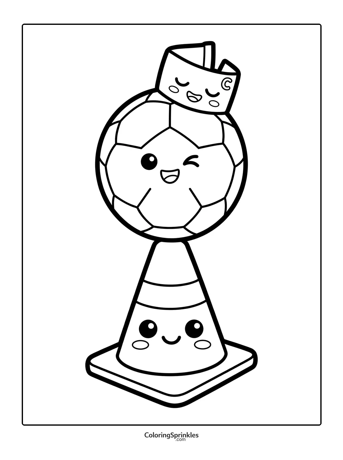 Coloring page of a soccer ball with a crown on a smiling traffic cone