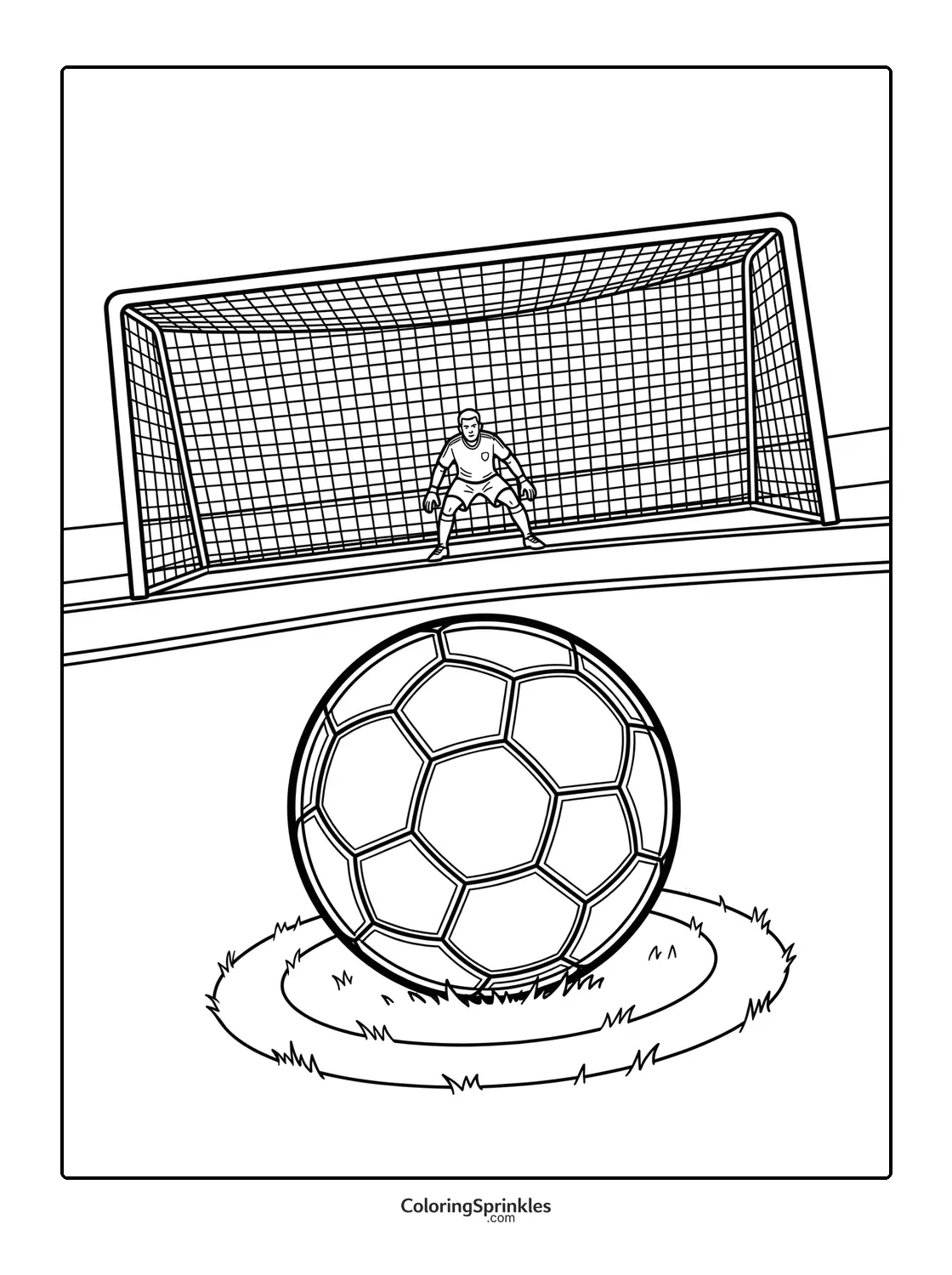Coloring page of a soccer ball near a goalkeeper in front of a goal net
