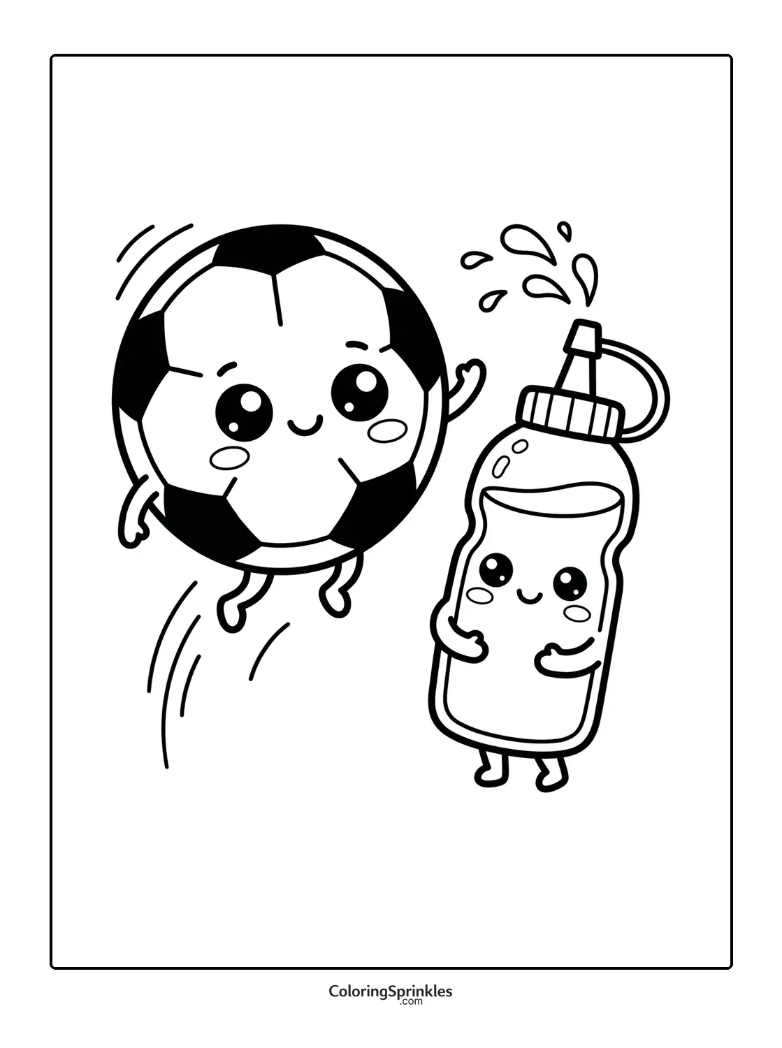 Coloring page of a cute soccer ball jumping near a smiling ketchup bottle