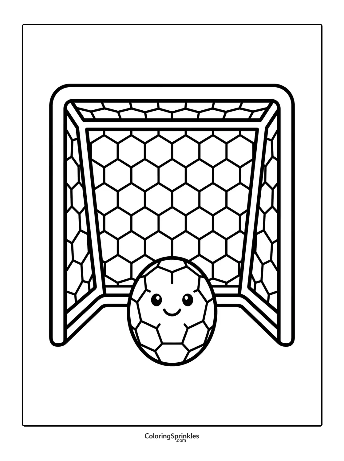 Coloring page of a smiling soccer ball in front of a goal net