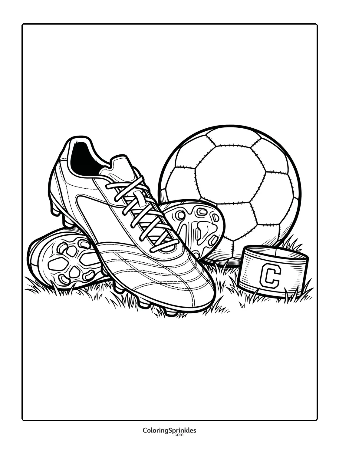 Coloring page of soccer cleats with a ball and captain band on grass