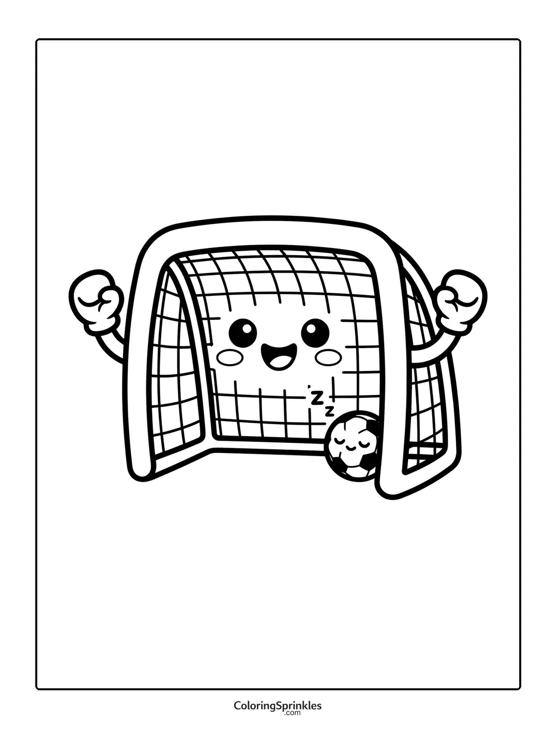 Coloring page of a happy soccer goal net with a sleeping soccer ball