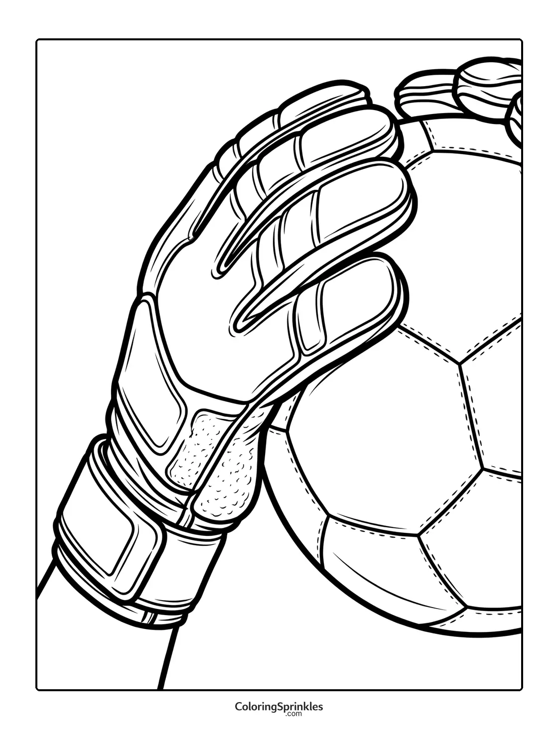 Coloring page of a soccer goalkeeper glove catching a soccer ball