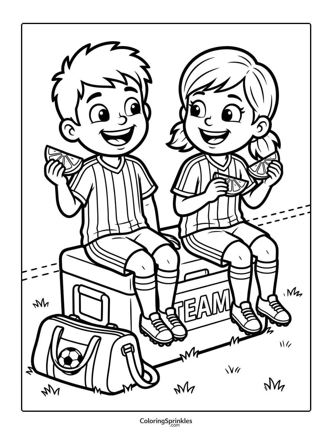 Coloring page of two soccer kids sitting and eating orange slices