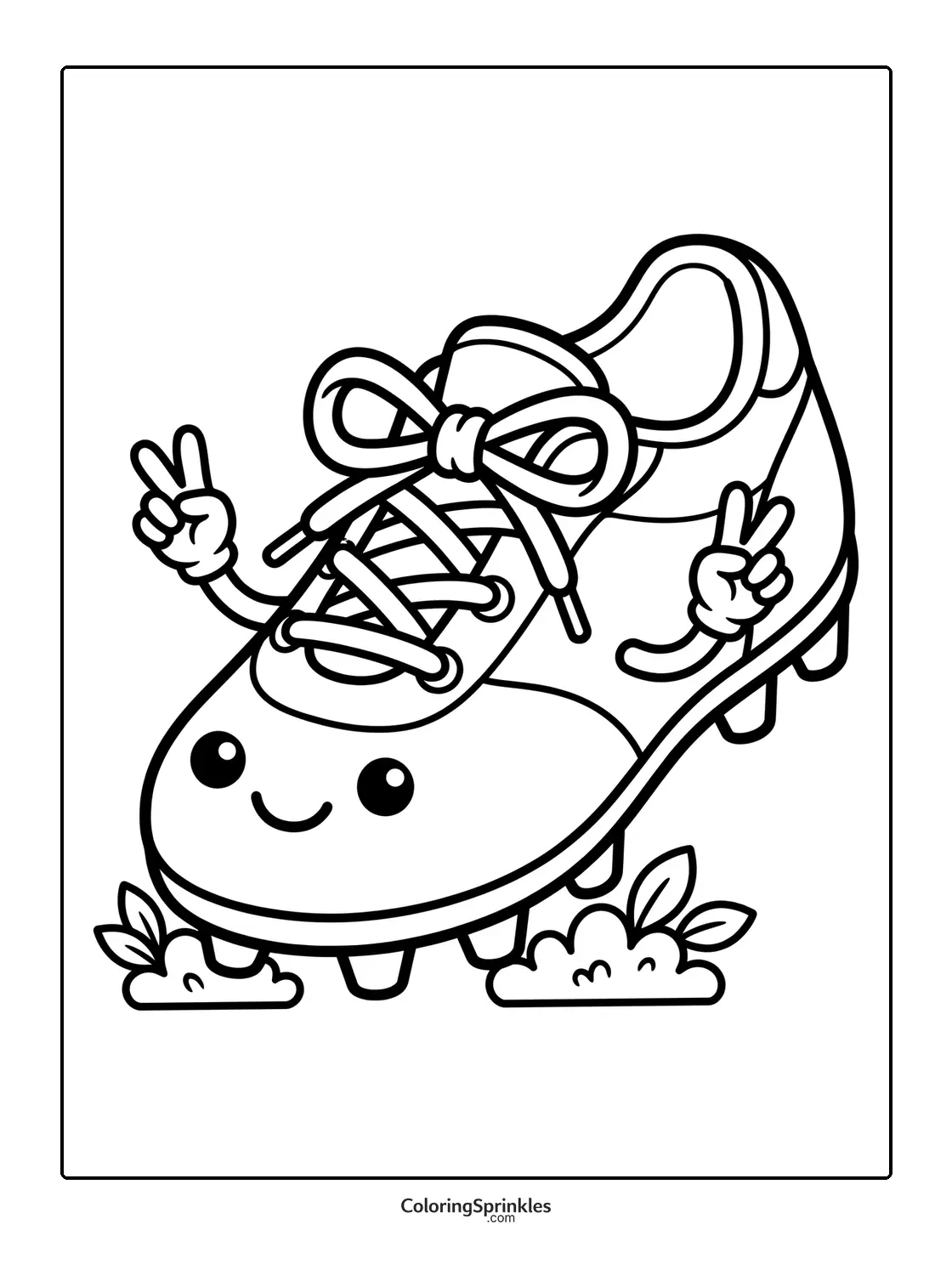 Coloring page of a smiling soccer shoe showing peace signs