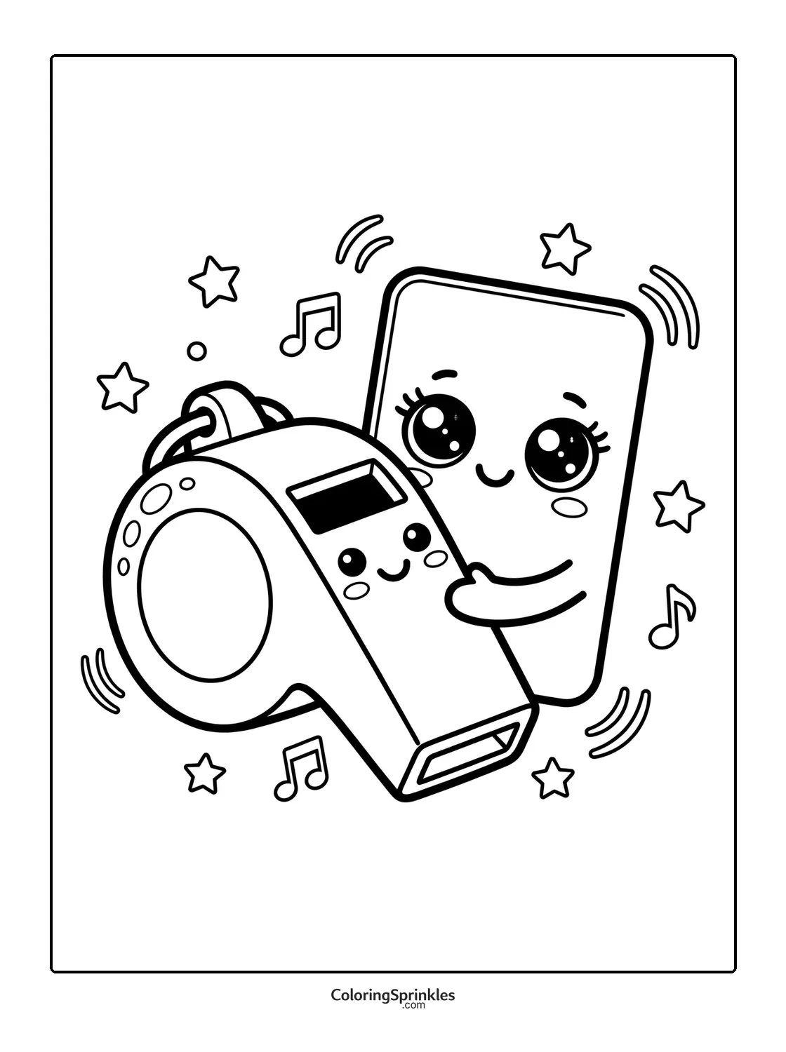 Coloring page of a referee whistle and a card with happy faces surrounded by music notes and stars