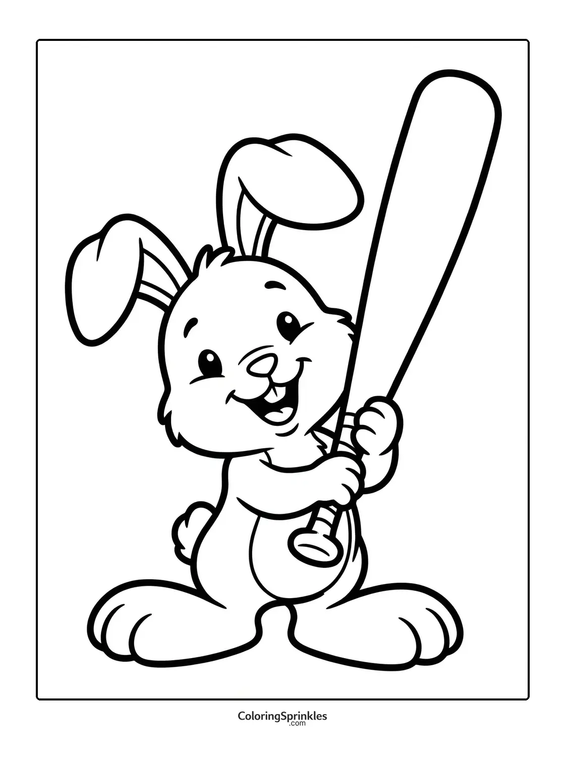 Coloring page of a happy bunny holding a softball bat