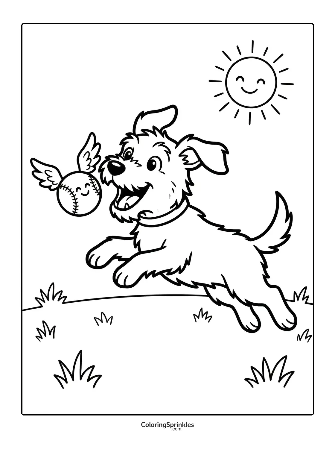 Coloring page of a dog chasing a winged softball on a sunny day