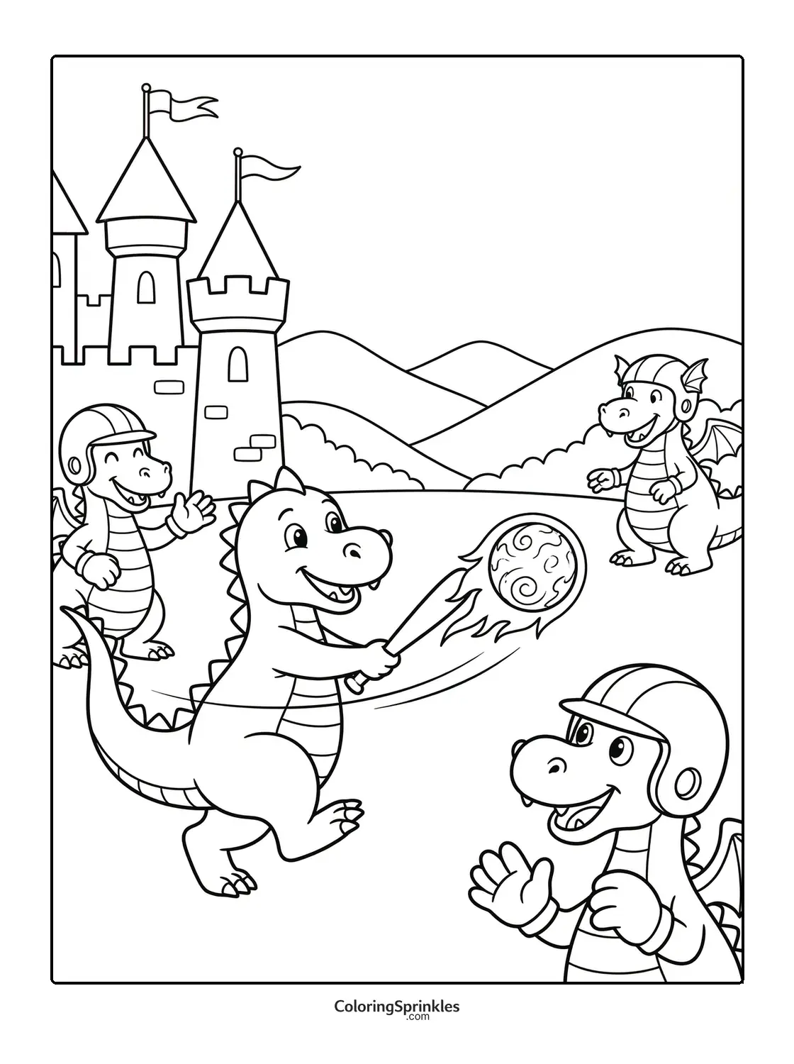 Coloring page of dragons playing softball near a castle and hills