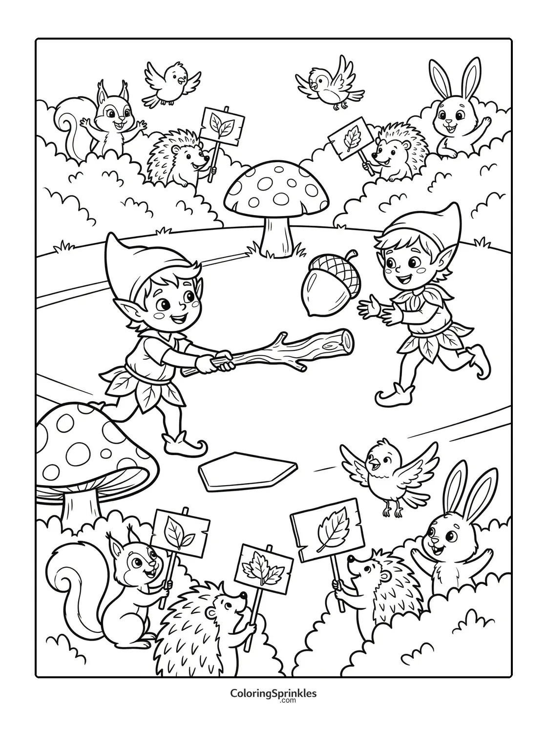 Coloring page of elves playing softball with forest animals cheering