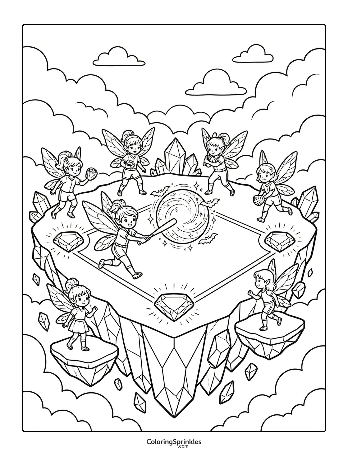 Coloring page of fairies playing softball on a floating island with crystals