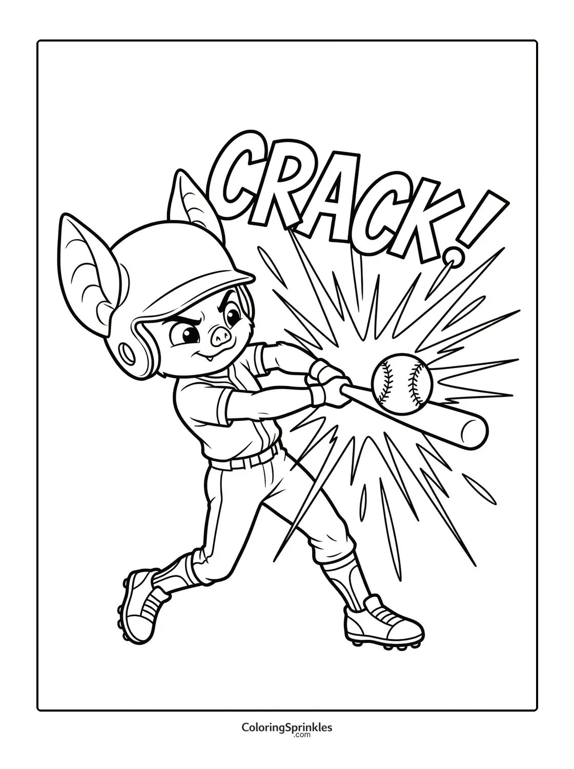 Coloring page of an animal softball player hitting a ball
