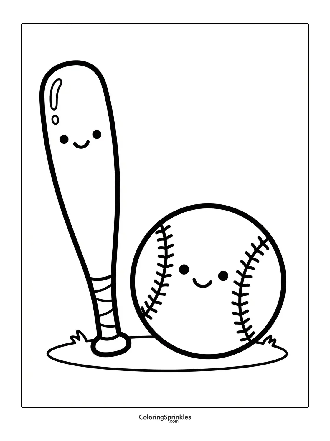 Coloring page of a softball bat and ball with smiling faces