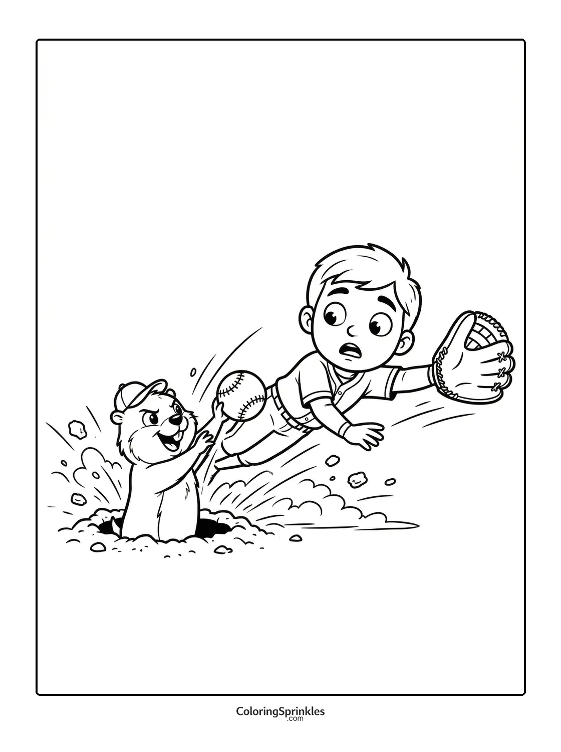 Coloring page of a boy diving to catch a softball while a groundhog steals the ball