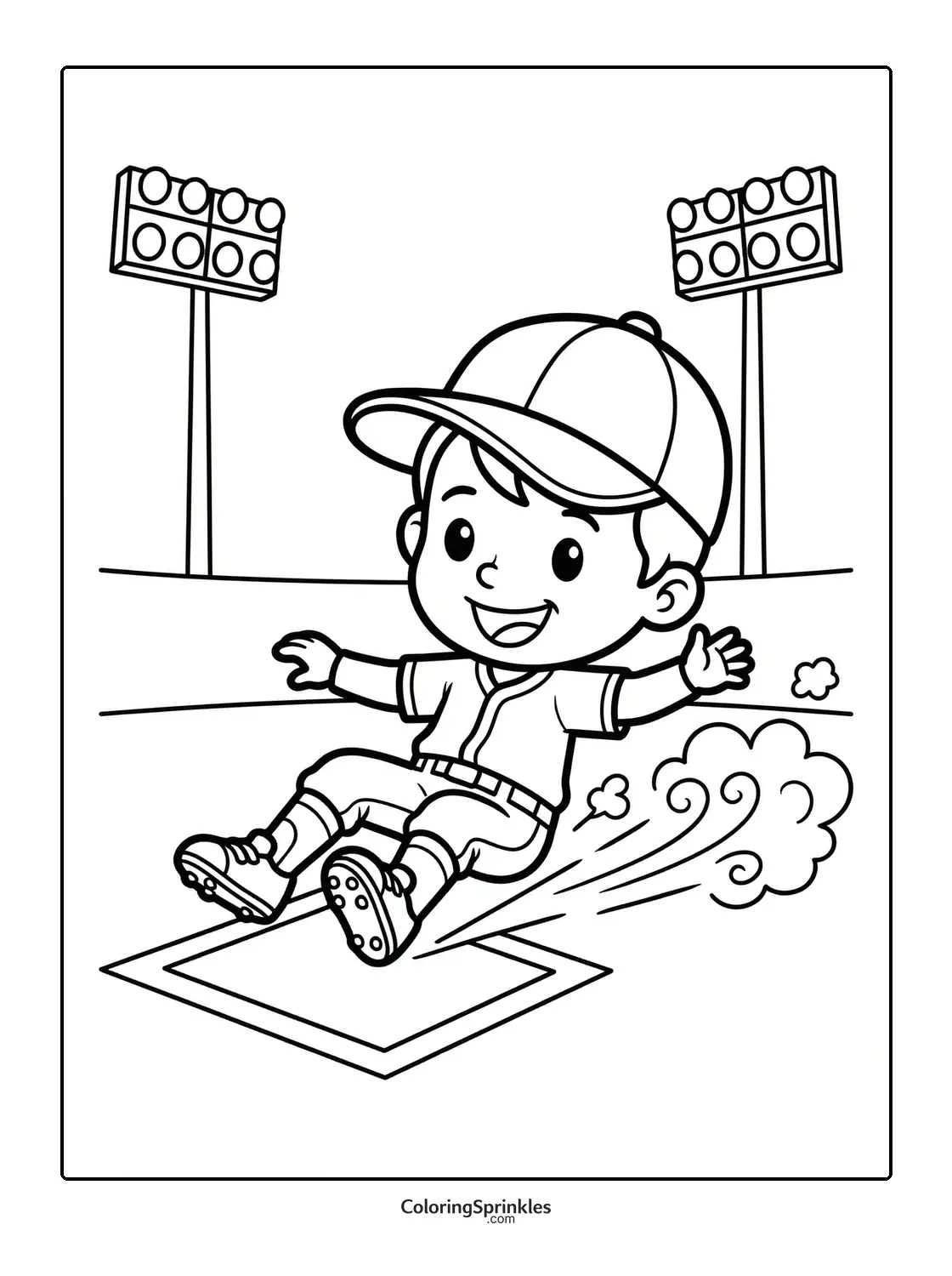 Coloring page of a boy sliding into home plate in a softball game