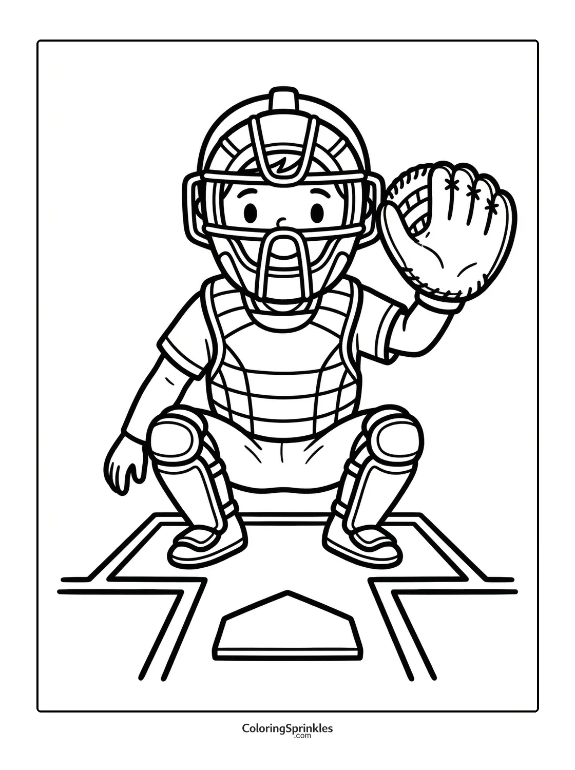 Coloring page of a softball catcher in full gear at home plate