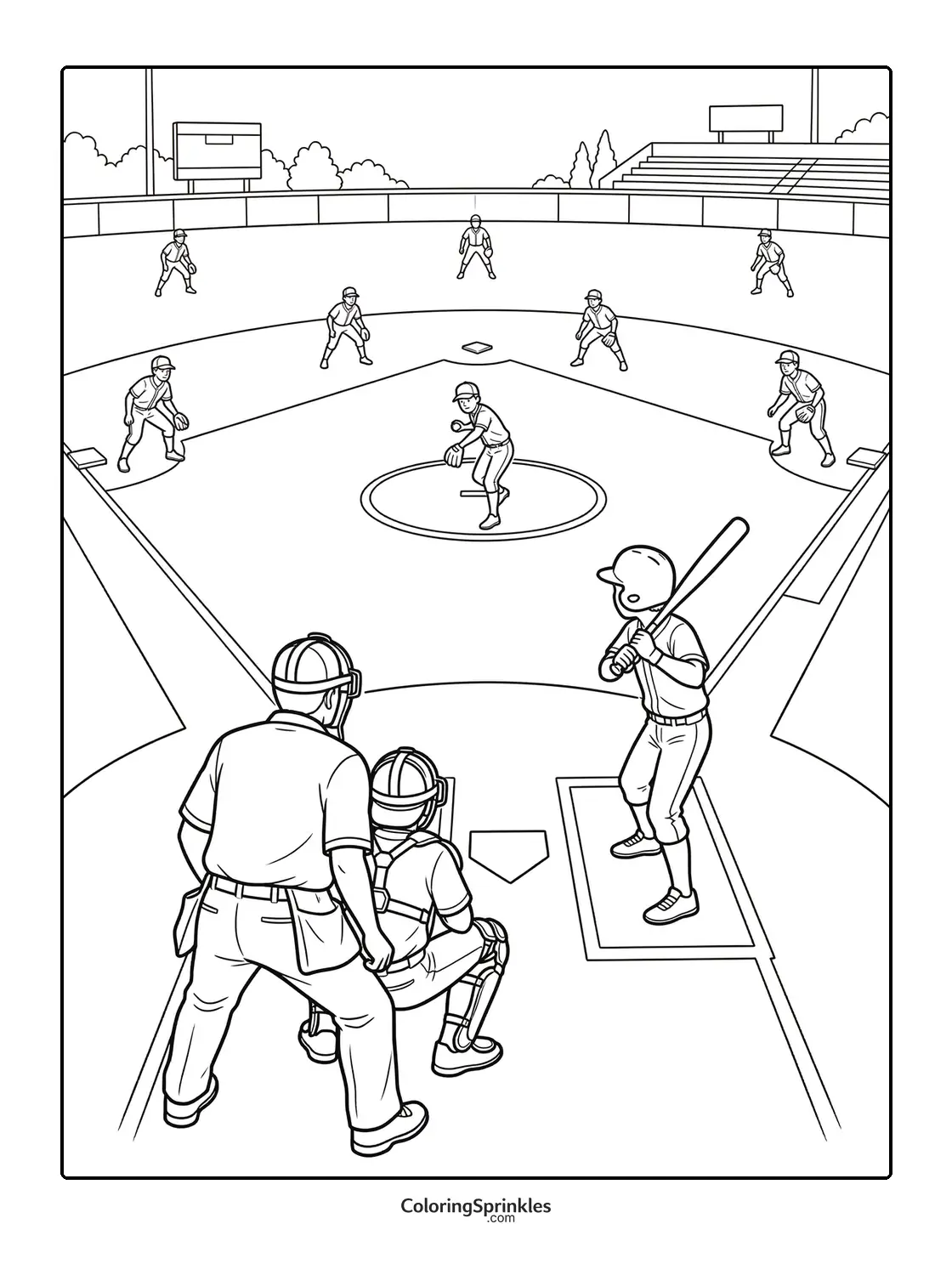 Coloring page of a softball game with pitcher, batter, catcher and umpire