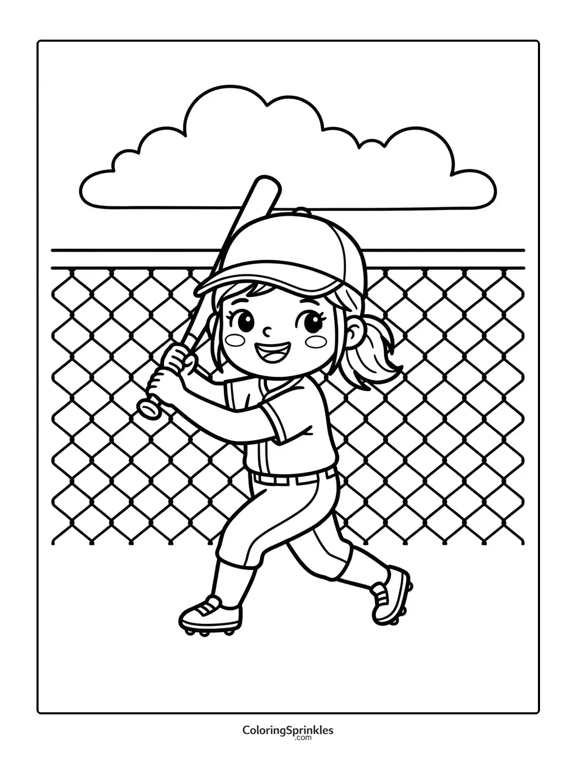 Coloring page of a girl batting in softball near a fence with a cloud